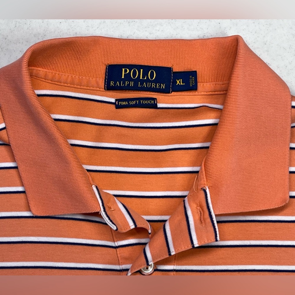 Polo Ralph Lauren Men’s Pima Soft Touch Orange w/ White & Blue Stripes Polo. XL. - Picture 4 of 10